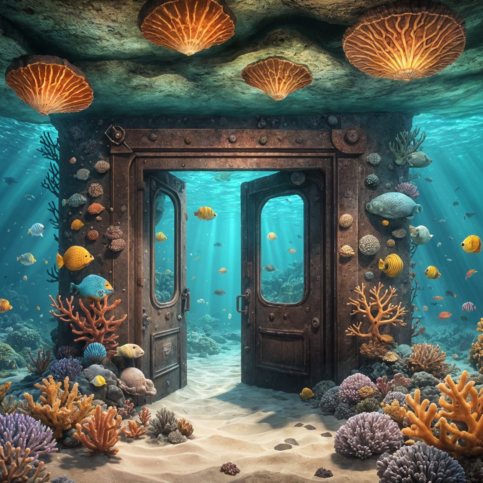 Cartoon Seabed Scene with Rusty Iron Door