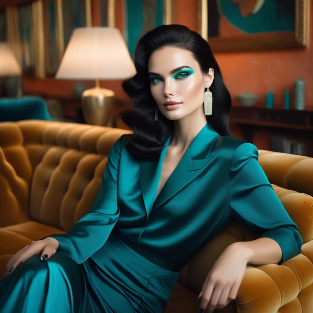 Contemplative Woman with Teal Eyes, Realistic Portrait