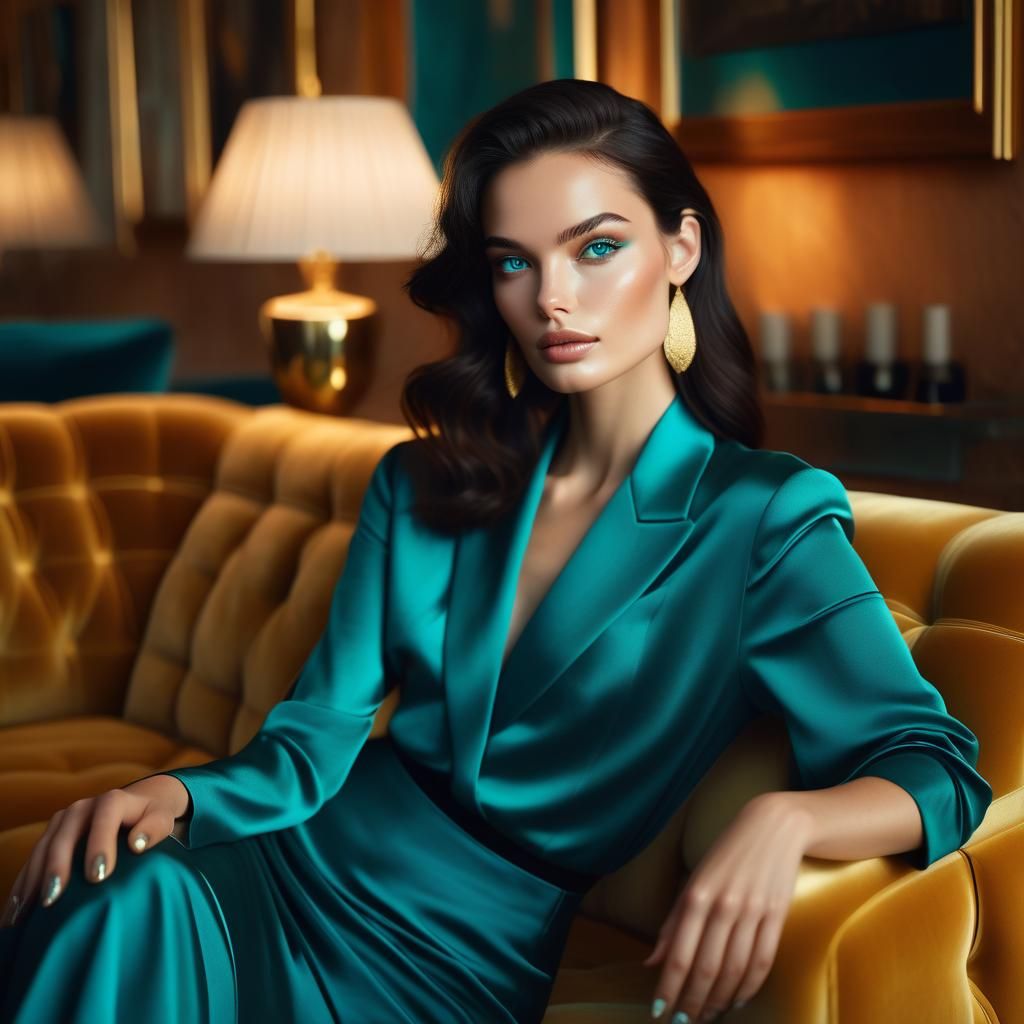 Captivating Teal-Eyed Woman on Sofa: Hyperrealistic Portrait