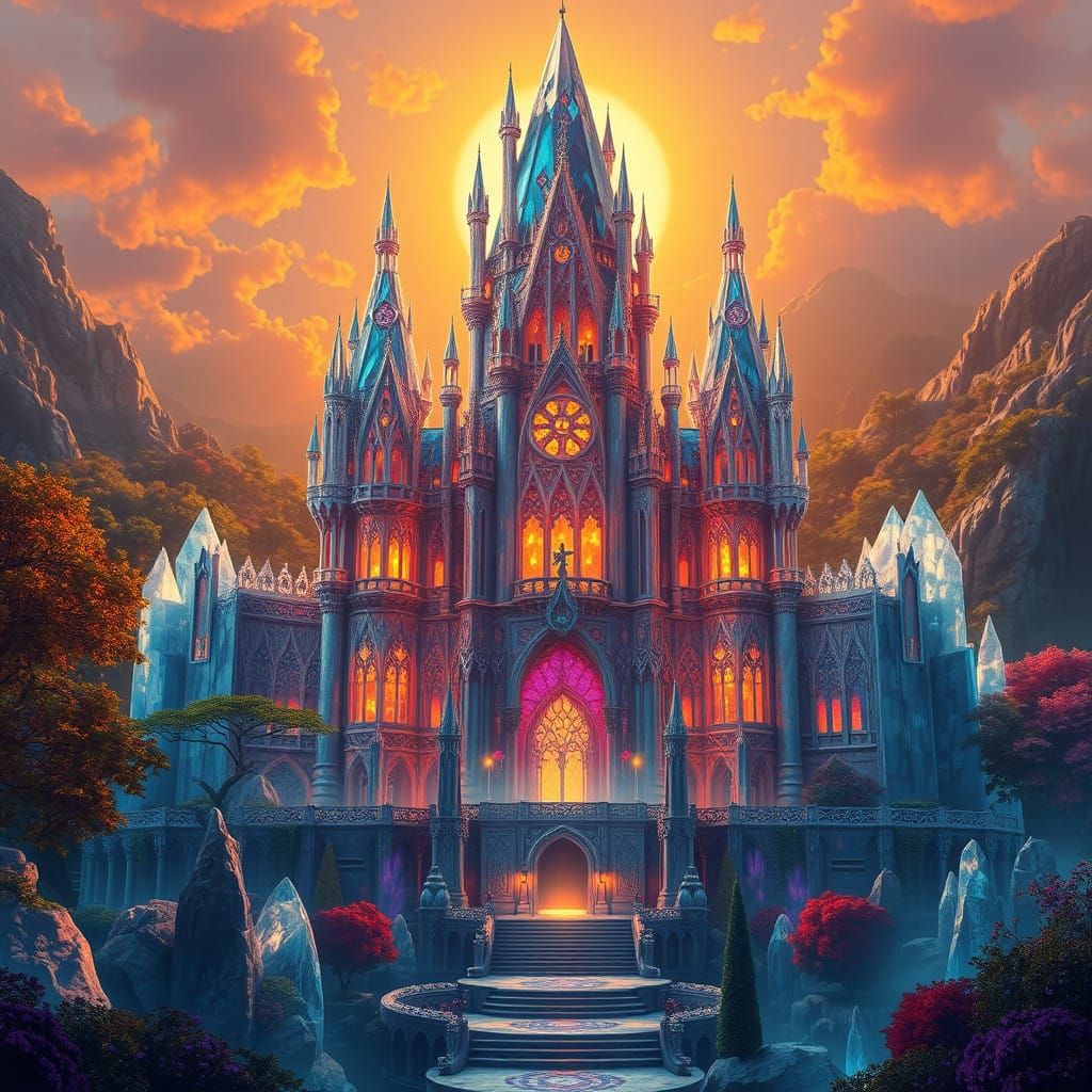 Majestic Crystal Castle in Vibrant Sunset Landscape