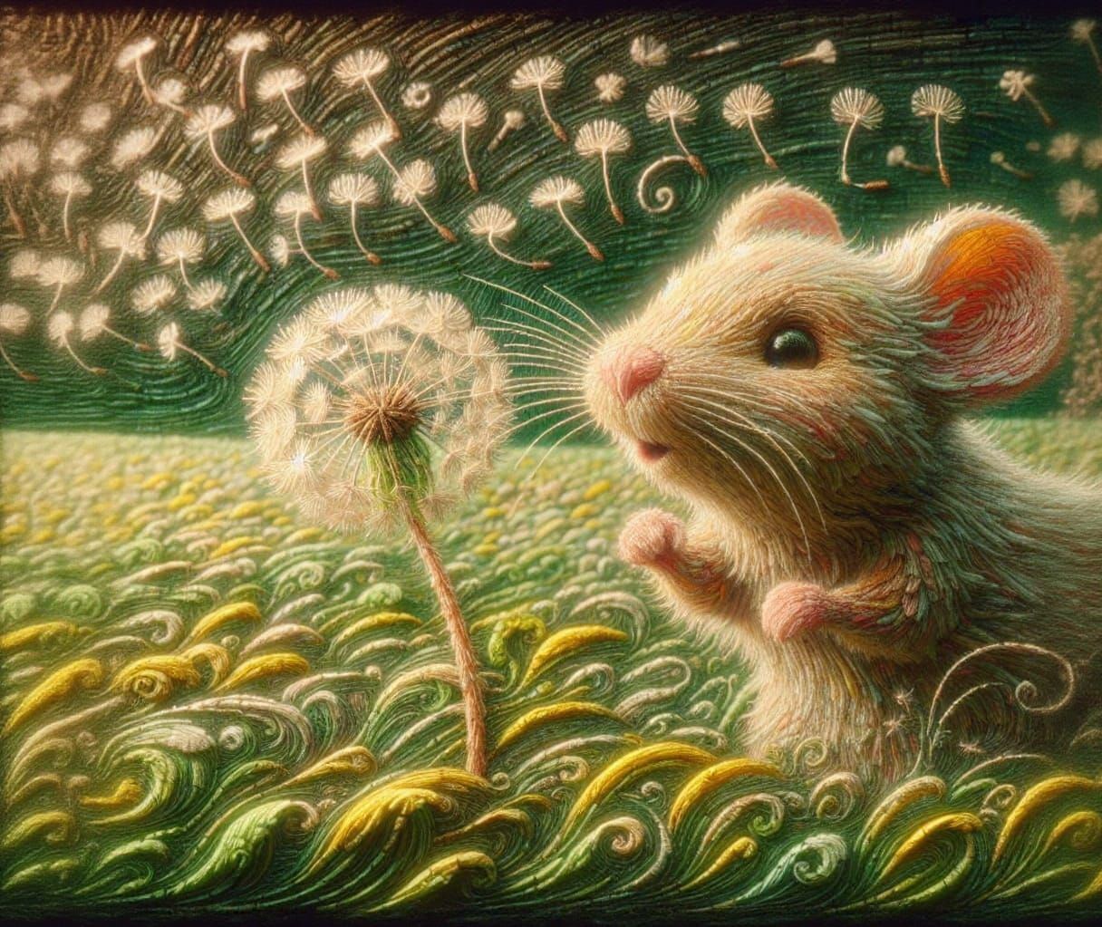 Mouse Blowing Dandelion Seeds in Textured Illustration Style