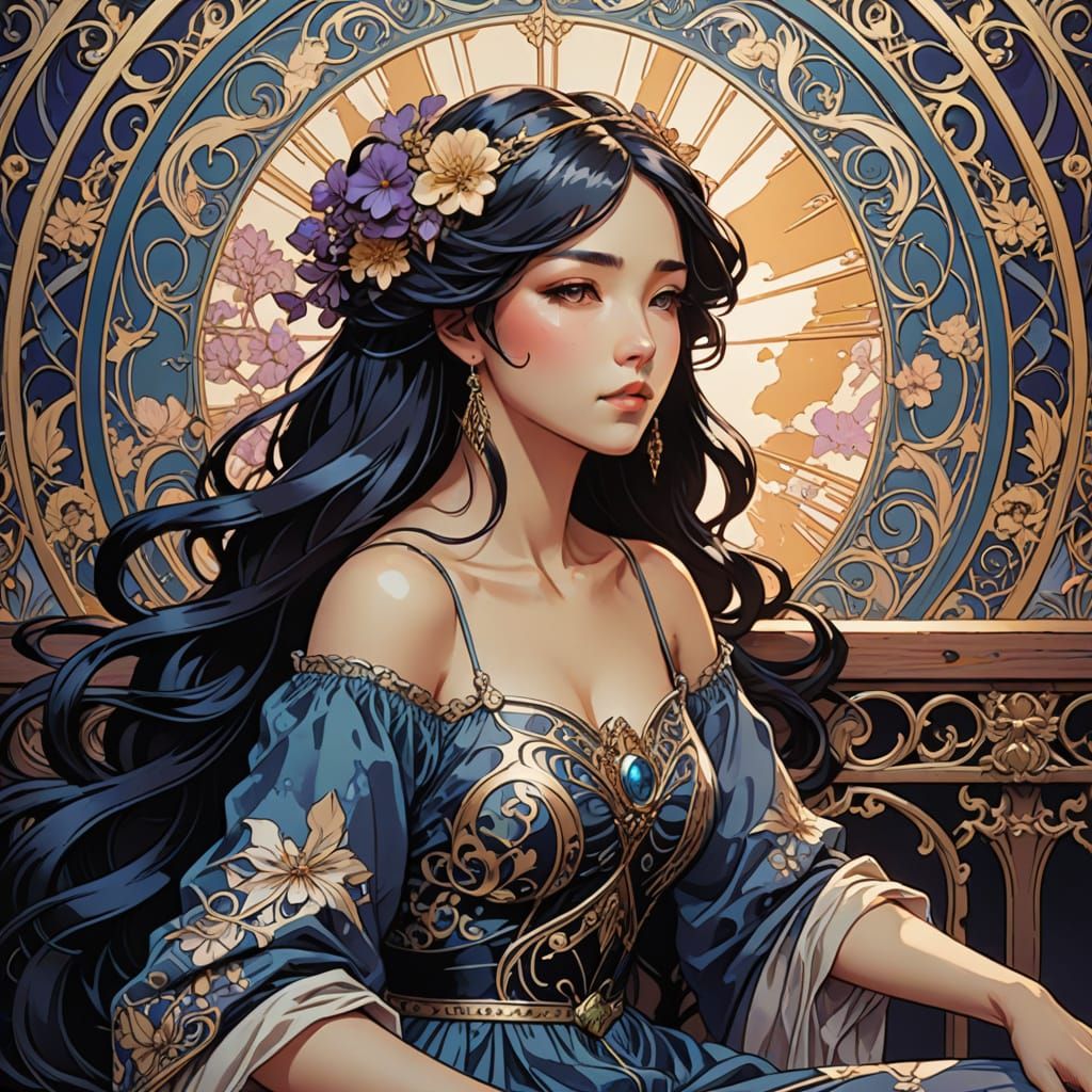 Elegant Art Nouveau Girl with Long Black Hair