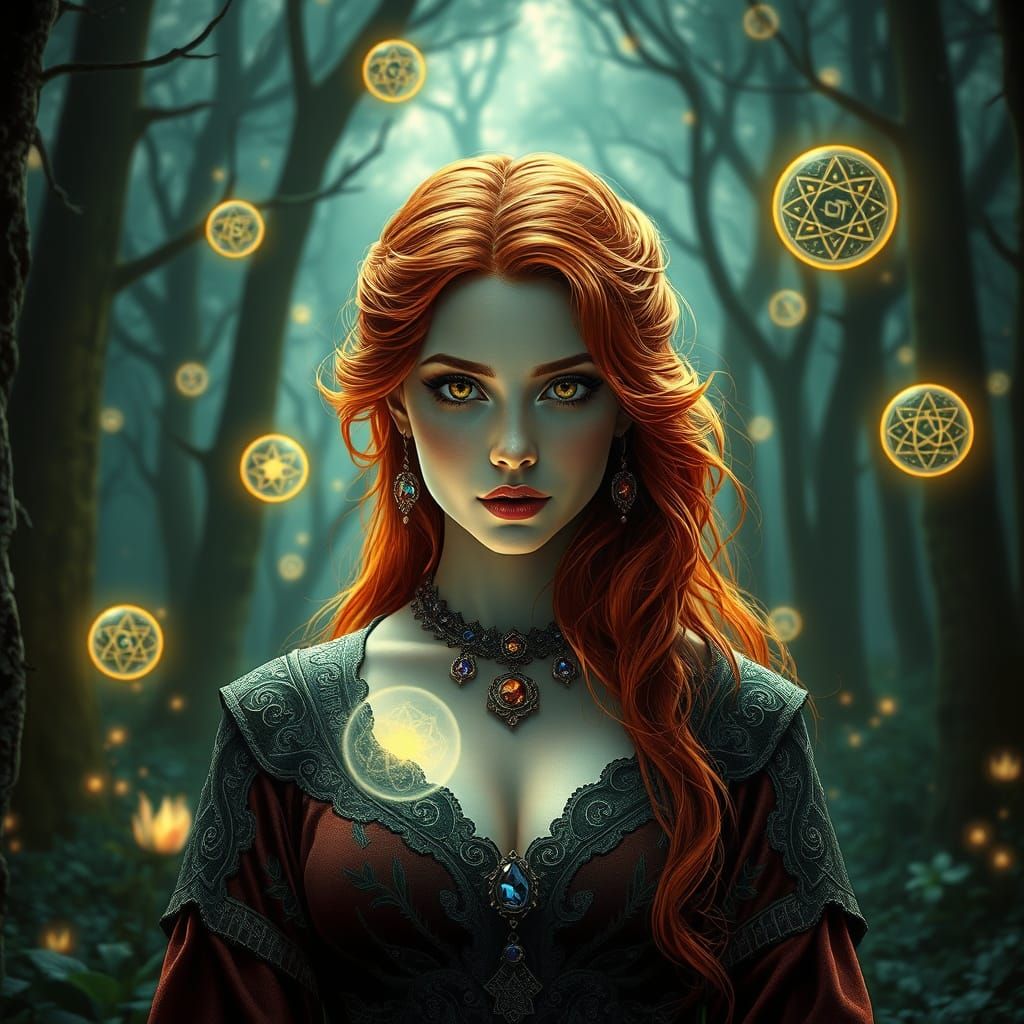 Red-Haired Sorceress in Mystical Forest, Retro Glamour Style