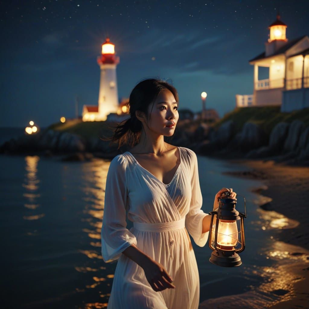 Night Lantern Bearer in Seaside Town