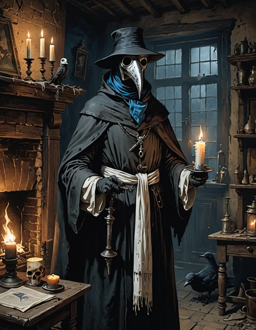 Plague Doctor with Blue Candle in Dark Home