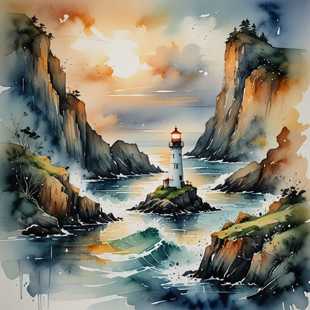 Surreal Dawn Landscape with Weathered Lighthouse