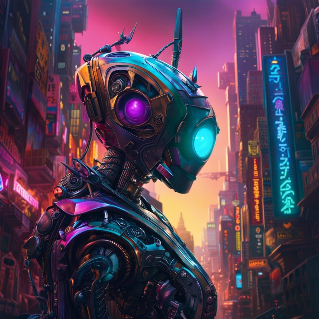 Metallic Robot in Twisted City, Surreal Style