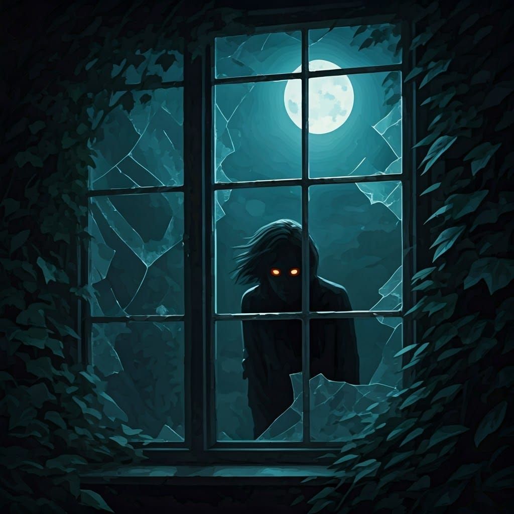 Shadowy Figure in Gouache, Victorian-Era Mansion at Midnight