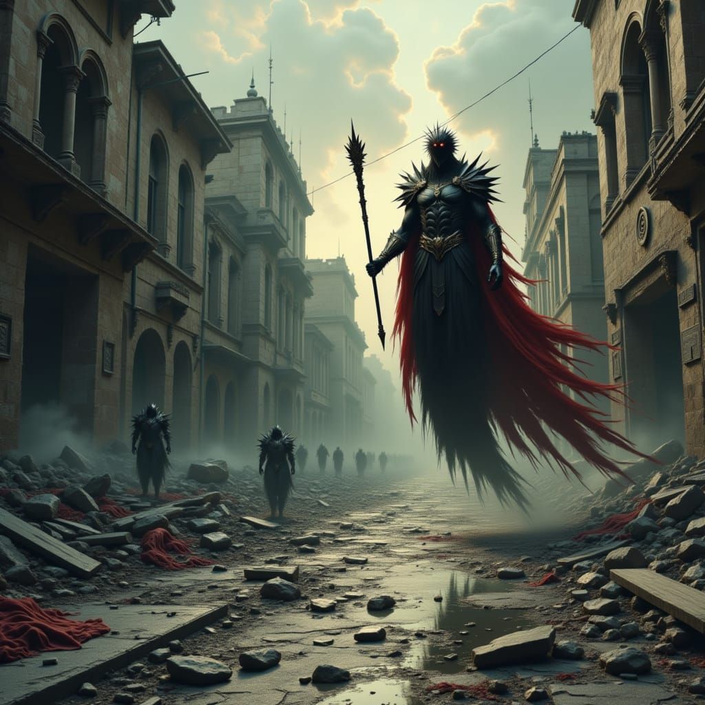 Dark Deity Descends on Ruined City