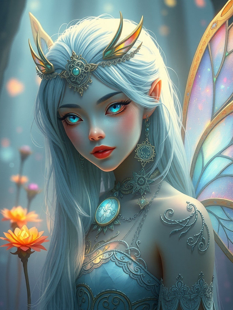 Ethereal Fae Maiden in Iridescent Gown Shines with Rainbow E...