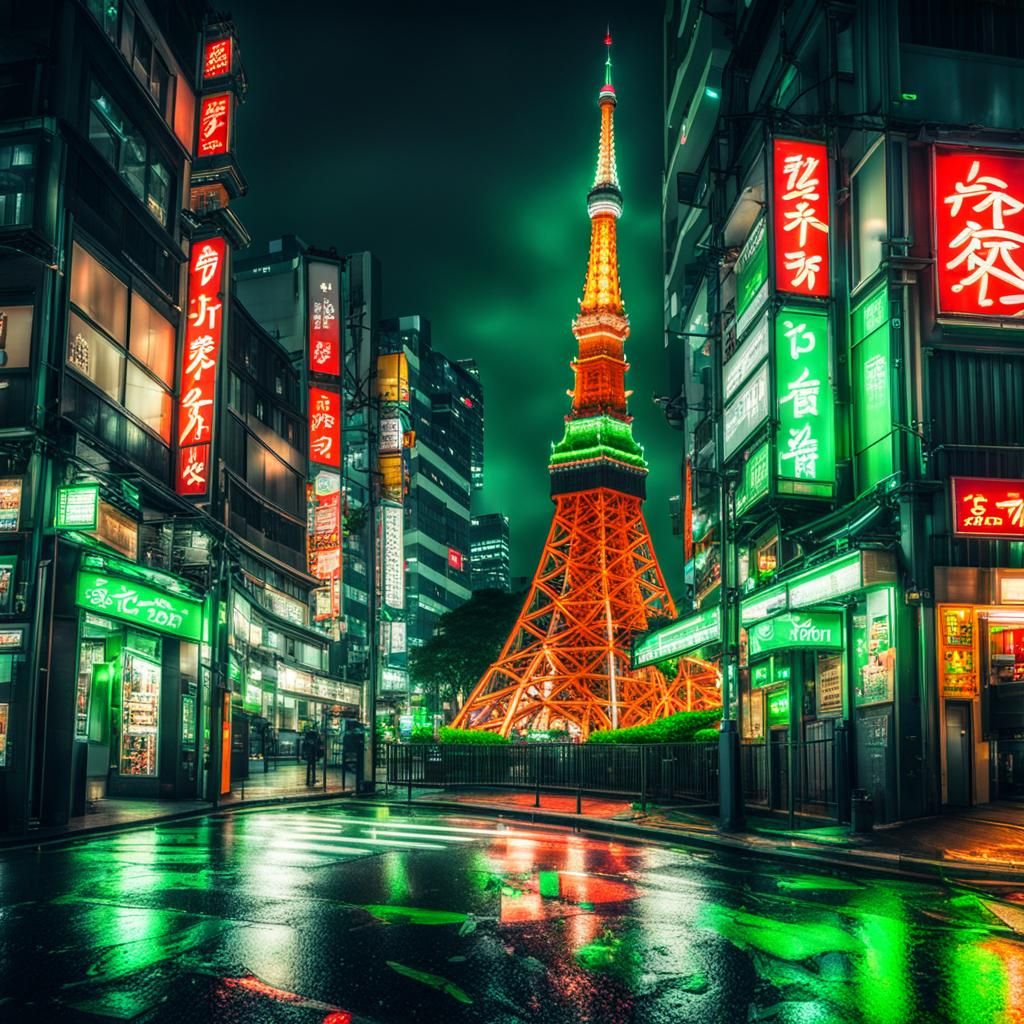 Tokyo Tower Amidst Neon and Green Umbrellas