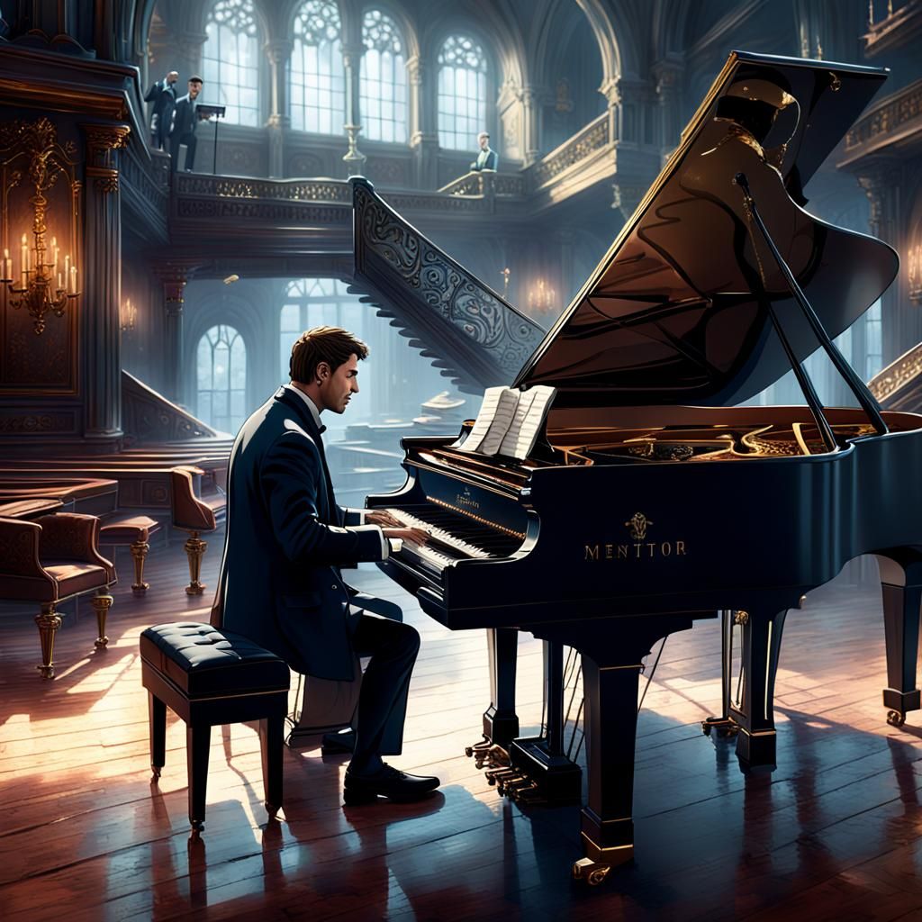 The mentor plays a grand piano while the protégé watches int...