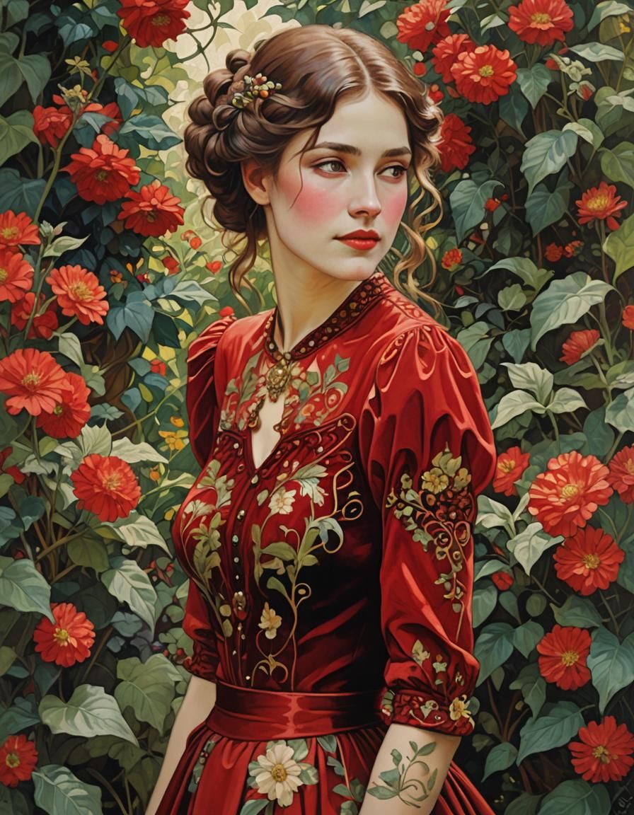 A beautiful young woman In a red velvet top and skirt in a g...