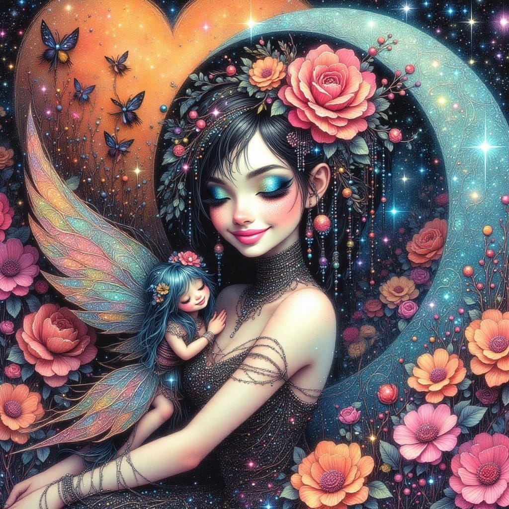 Vibrant Glitter Fairy in Whimsical Nighttime Scene