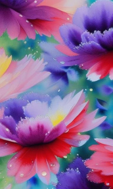 Lyrical Abstraction of Colorful Flowers in Watercolor