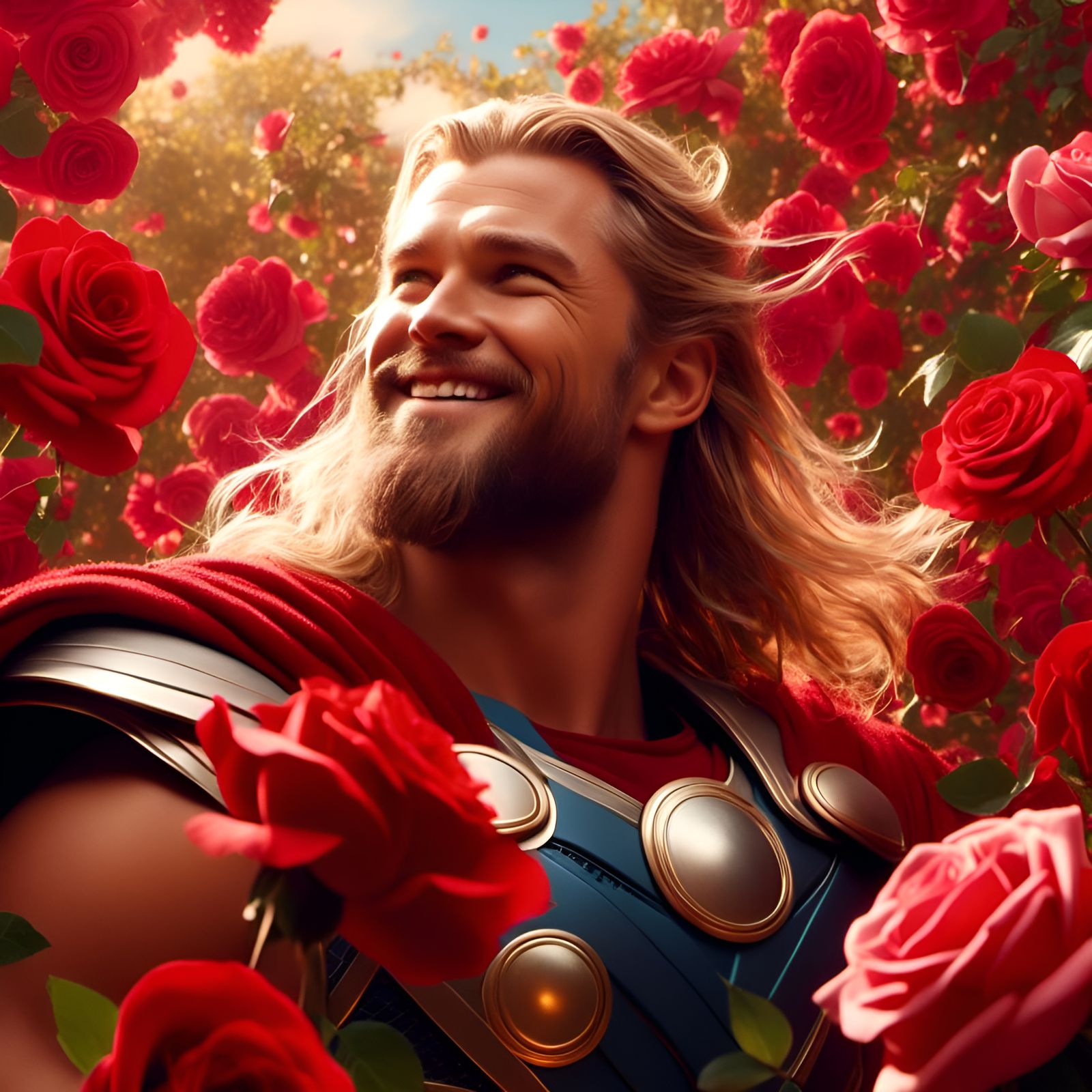 Thor Surrounded by Roses, Pin-Up Style Portrait