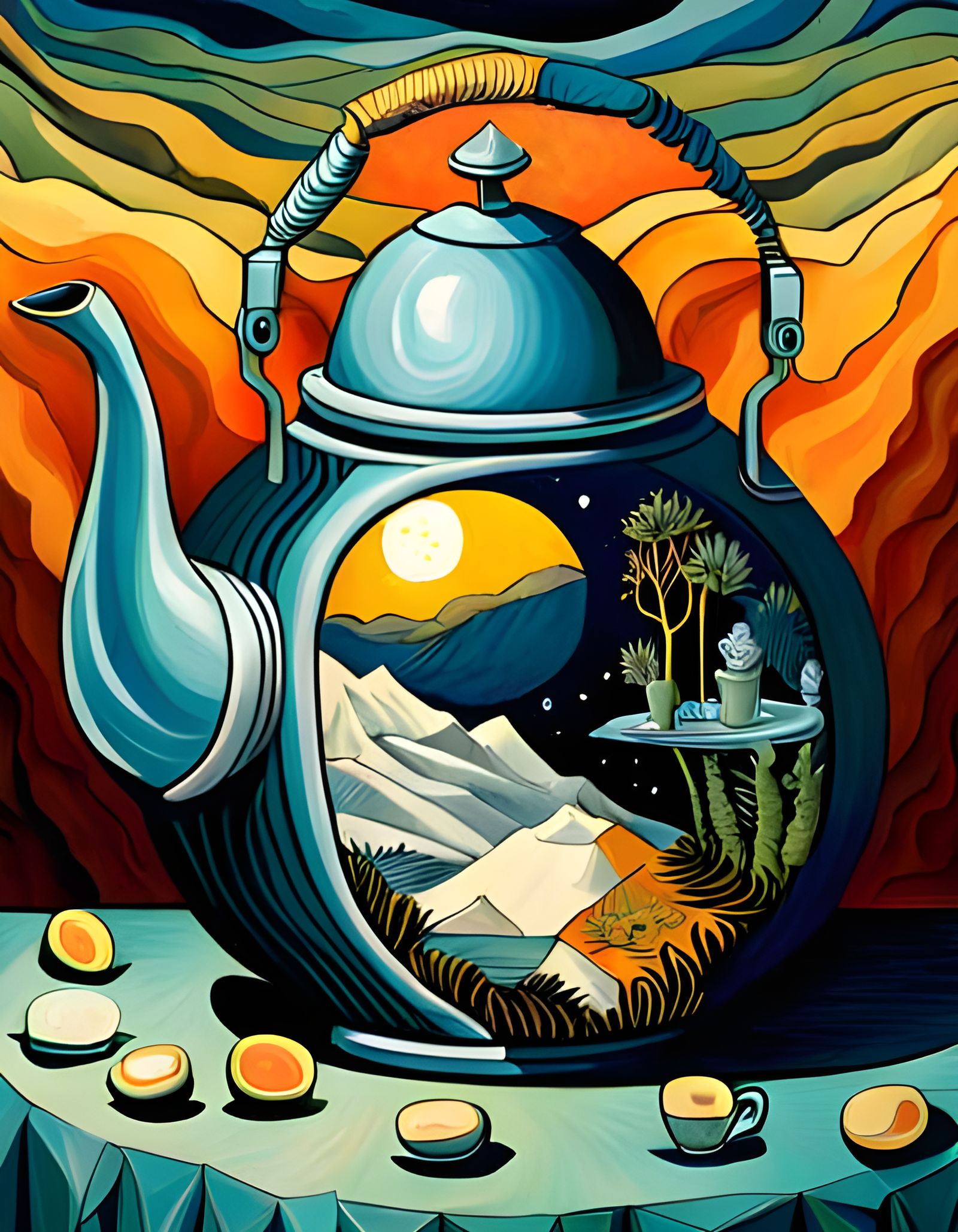 Tea Kettle in Space: Cubist and Synthwave Fusion