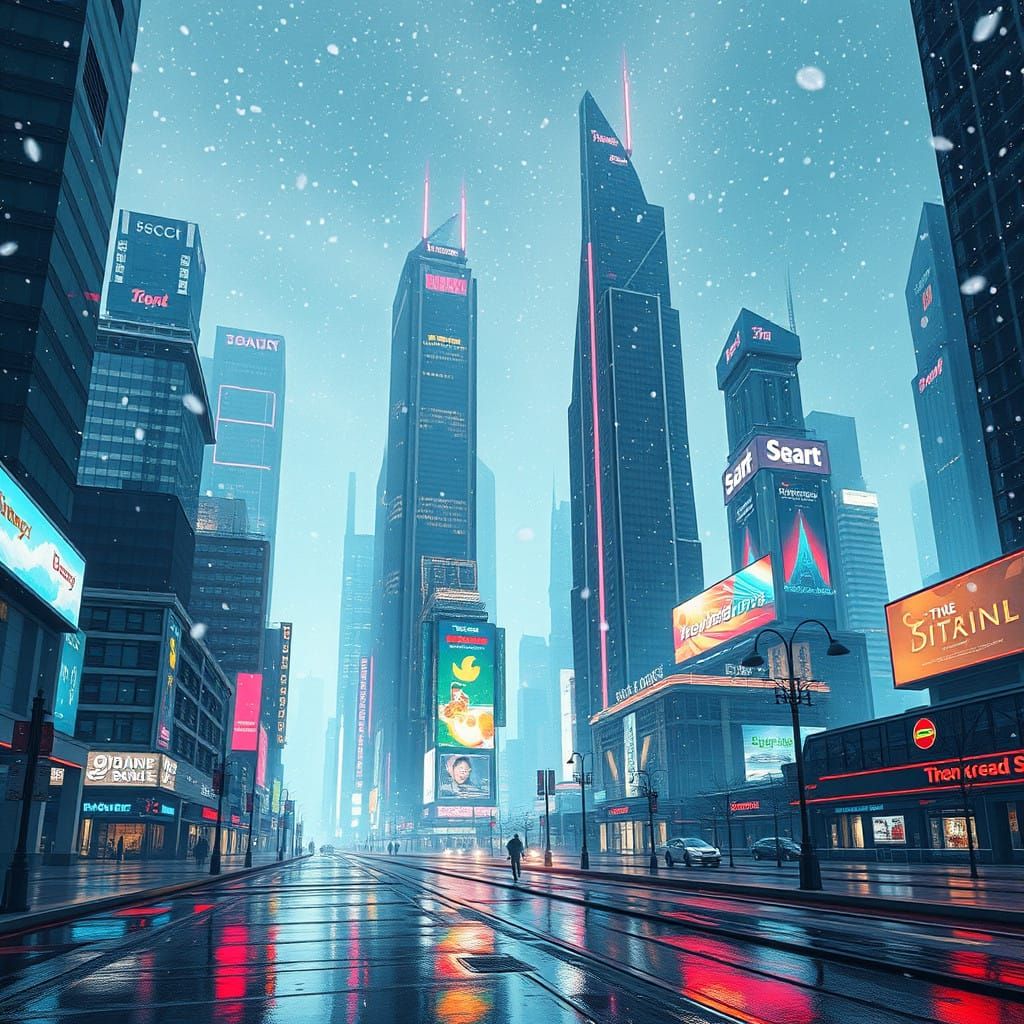 Surreal Futuristic Cityscape Bathed in Neon Lights and Holog...