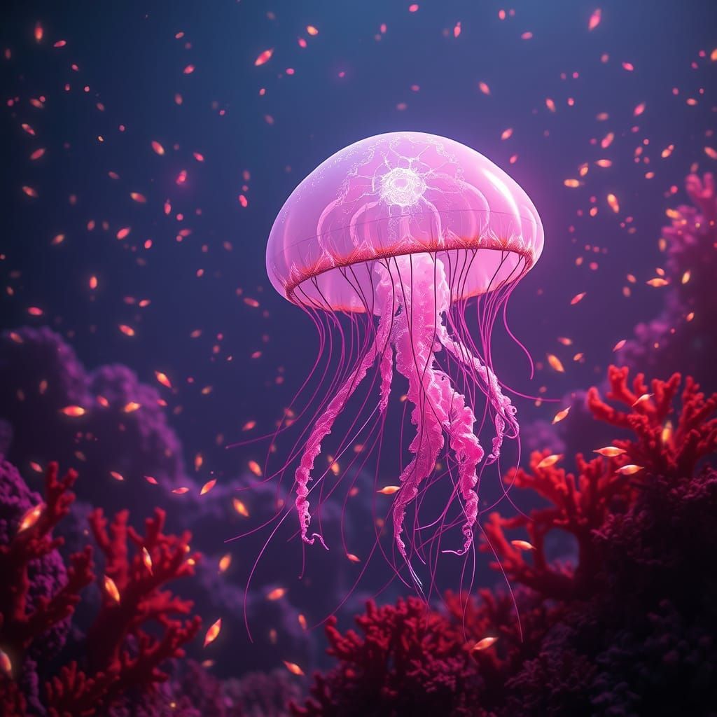 Bioluminescent Jellyfish Drifting Through Alien Coral Reef