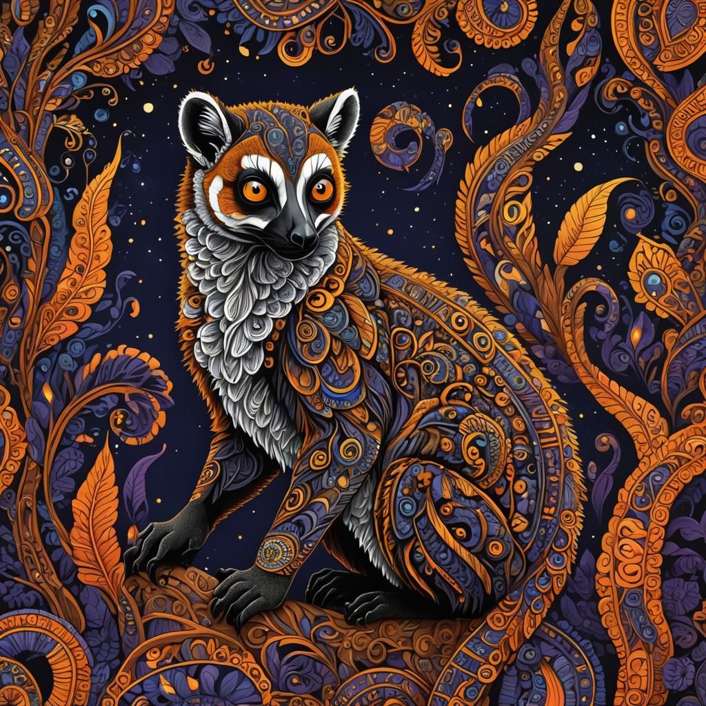 Stylized Lemur at Night with Glowing Tribal Patterns
