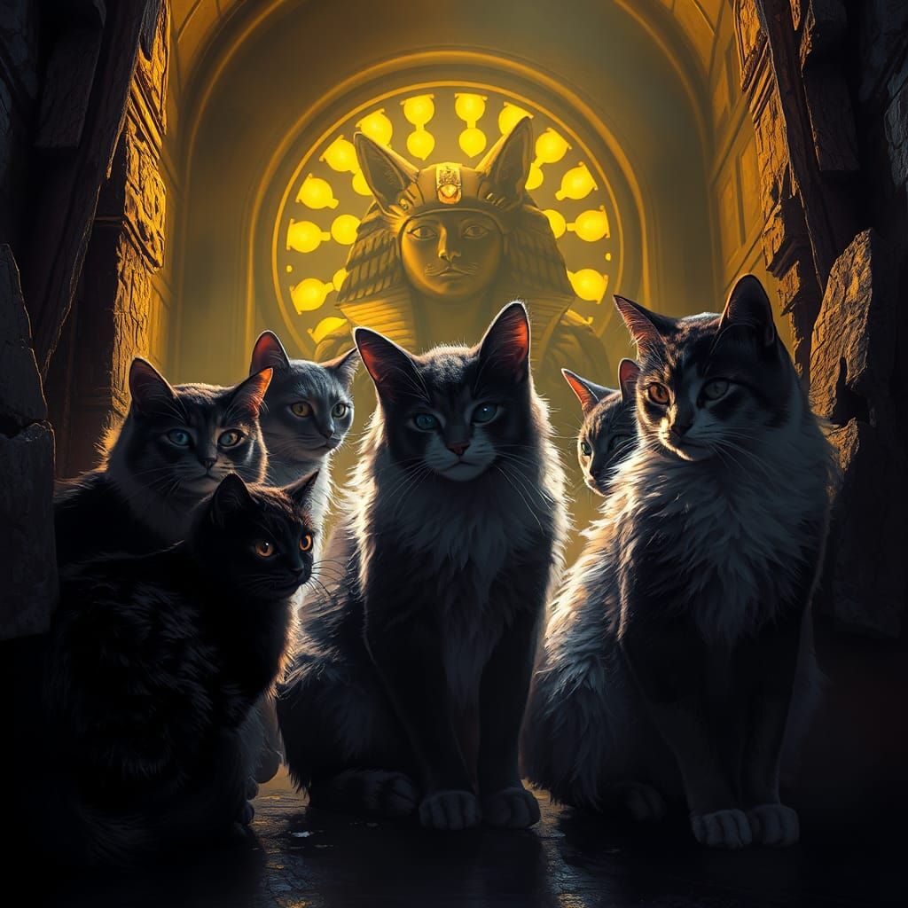 Guardian Cats and Sphinx Queen: Dark Fantasy Art