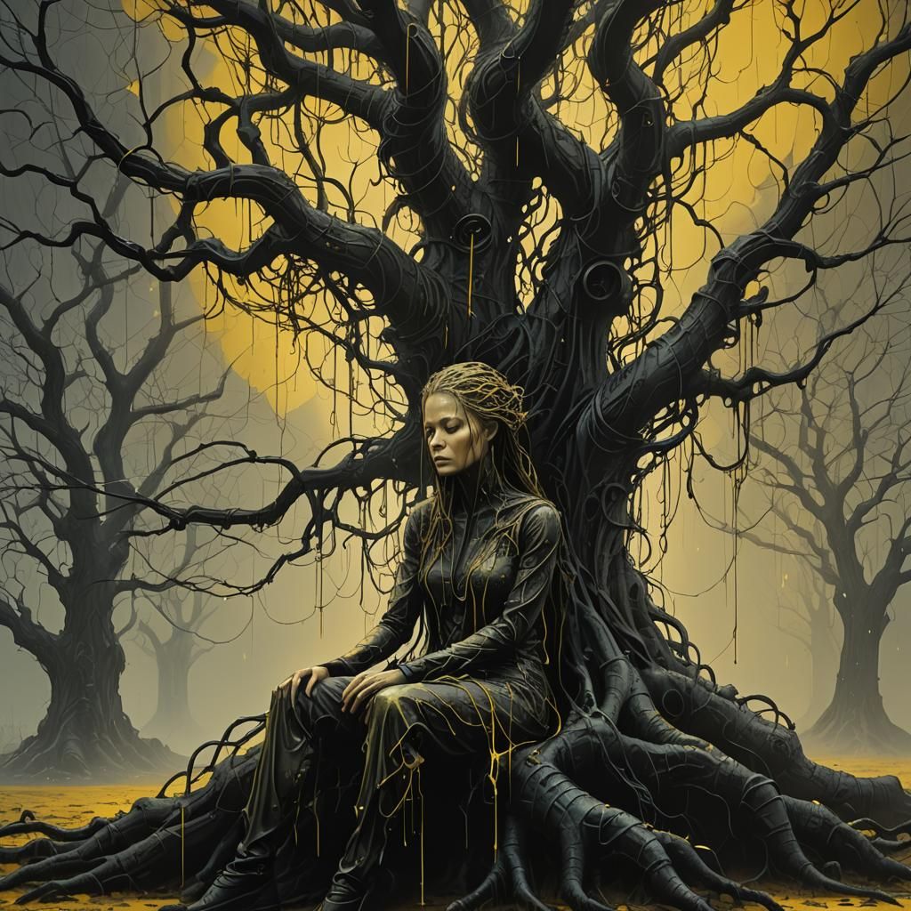 Surreal Biomechanical Tree with Yellow Rain