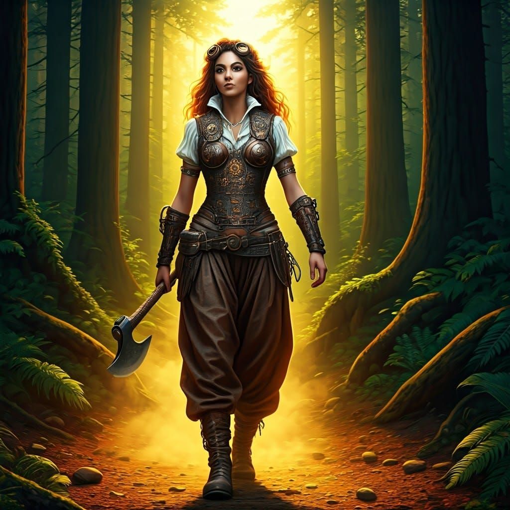 Steampunk Warrior Goddess Strolls Through Enchanted Forest