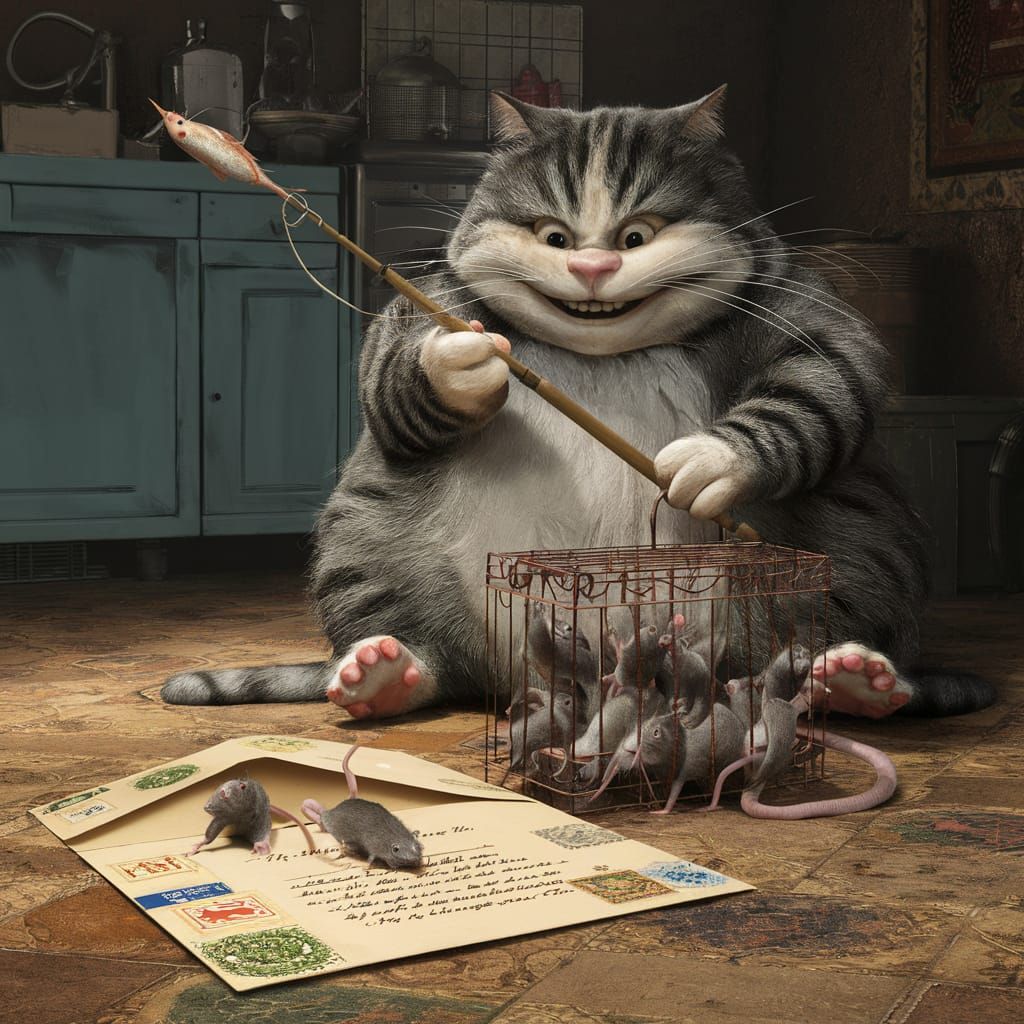 Whimsical Feline Scene in Vintage Kitchen