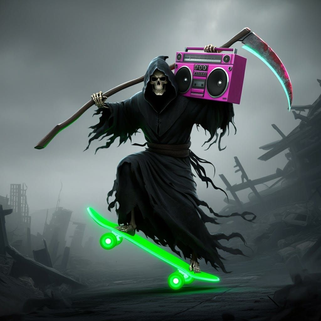 Grim Reaper Skates Through Wasteland in Hyperdetailed Style