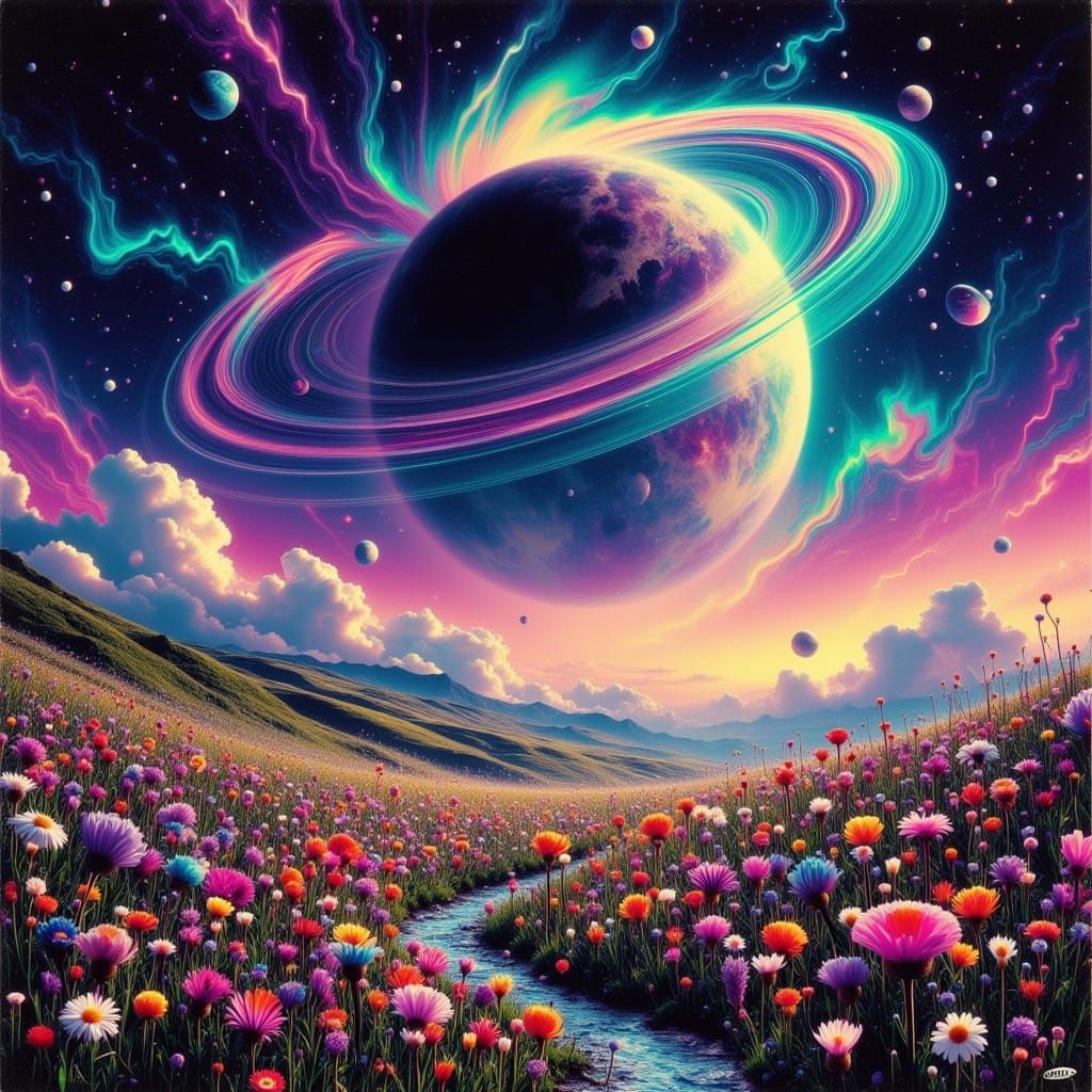 Surreal Cosmic Landscape with Vibrant Colors and Swirling Pa...