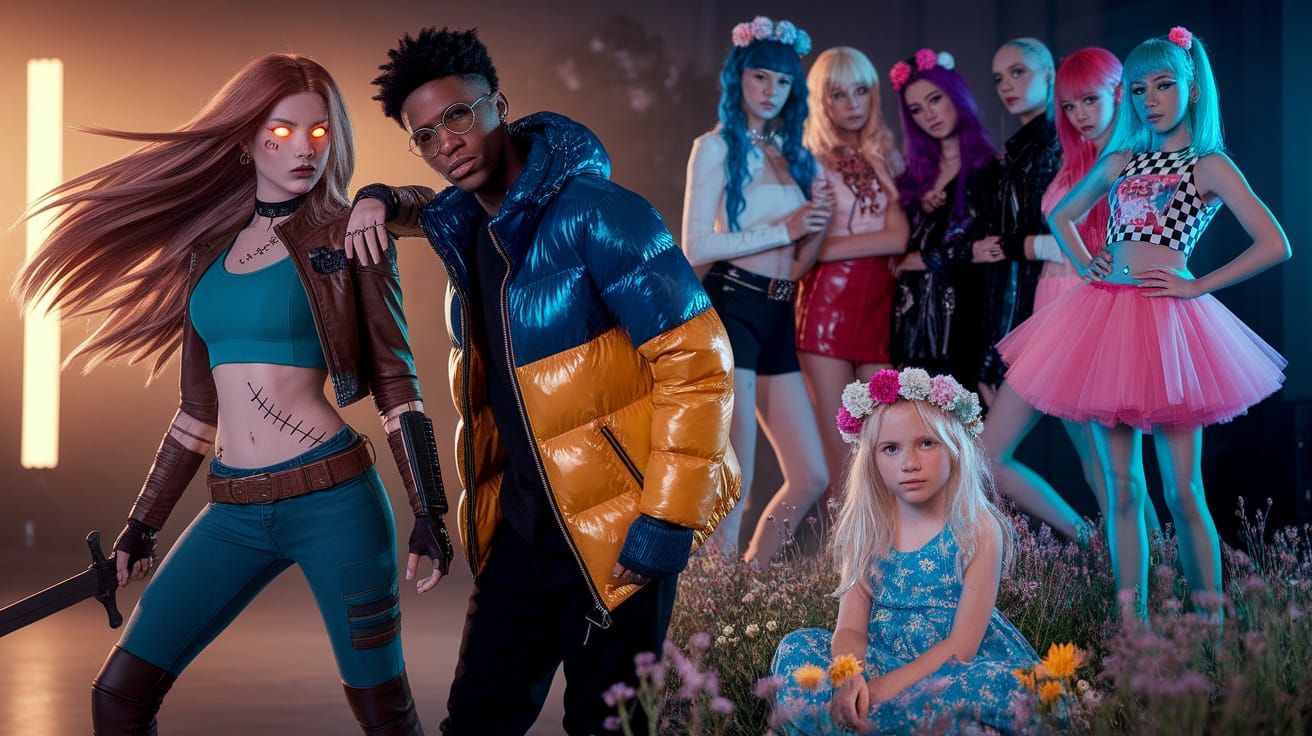 Moody Female Warrior in Futuristic Streetwear Gathering with...