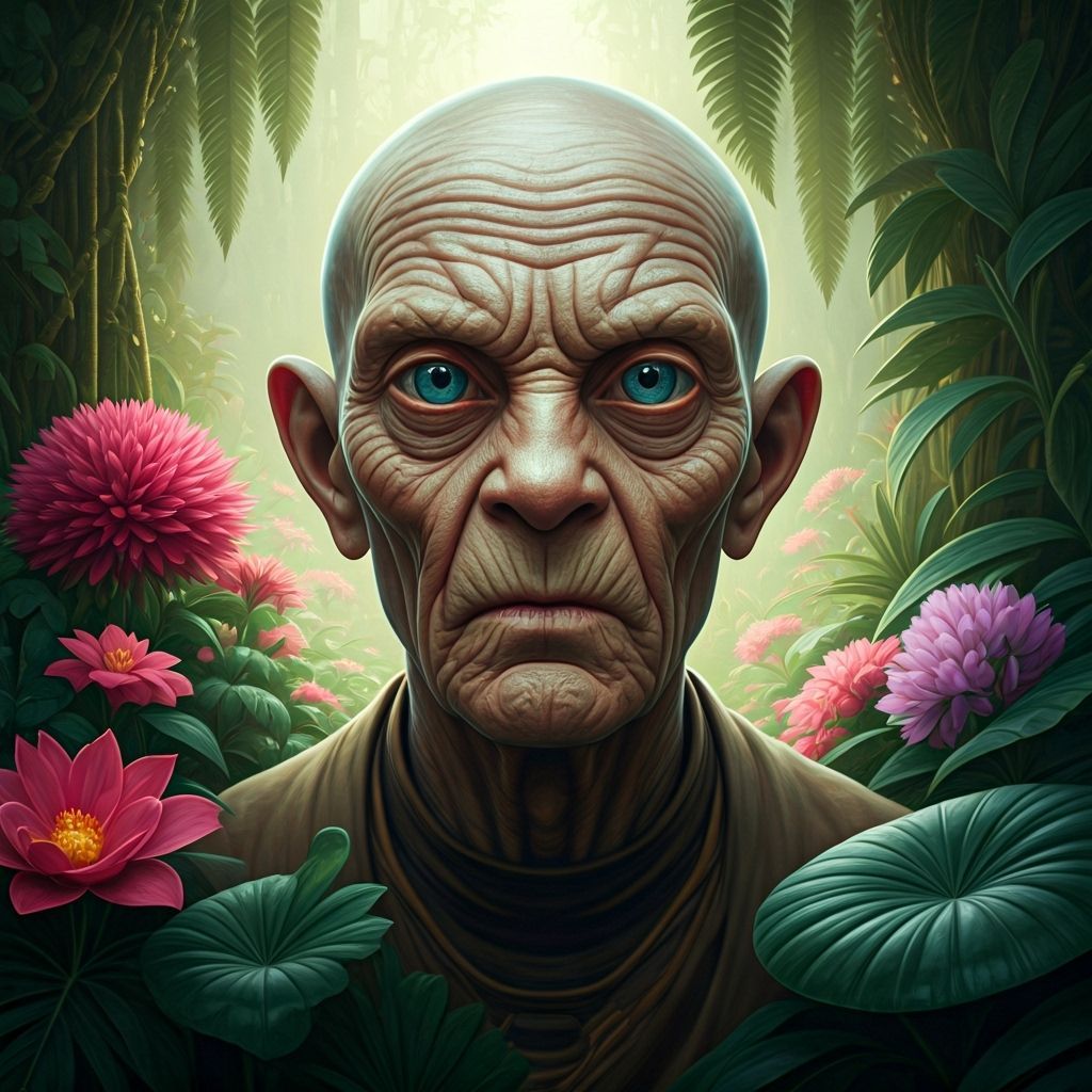Wise Old Alien in a Tranquil Garden