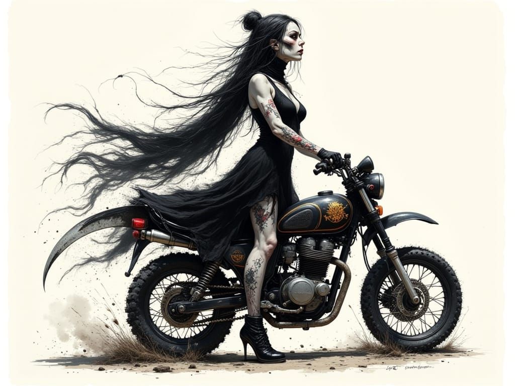 reaper woman with gothic motorbike