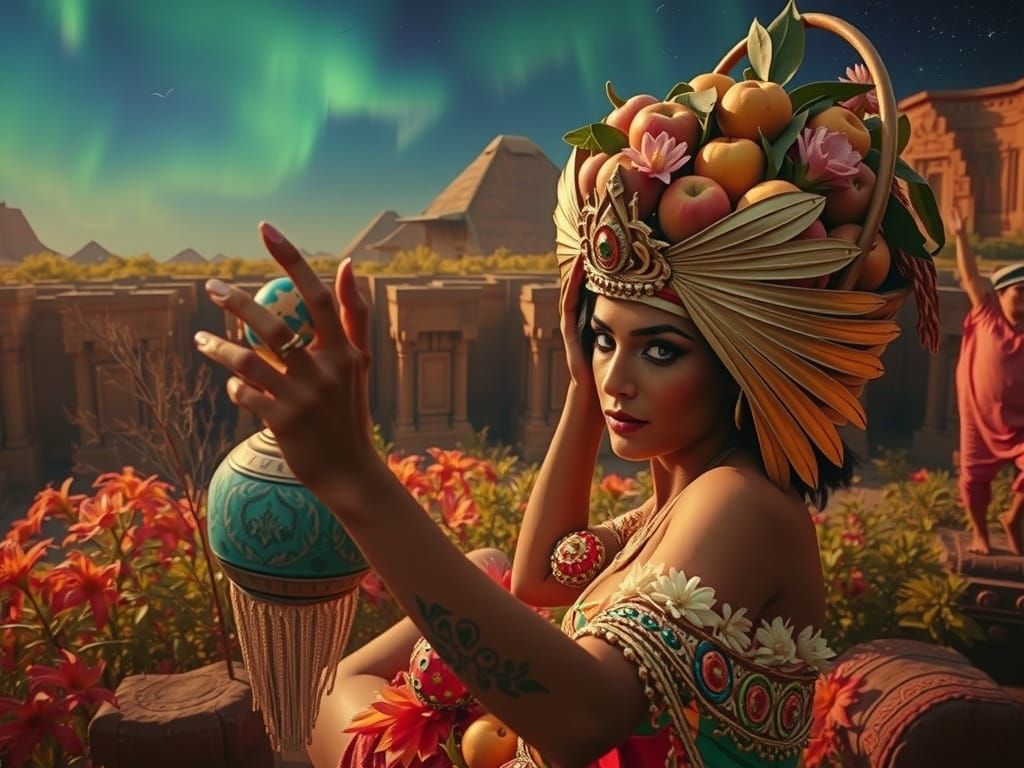 Latina Showgirl Balances Fruit in Psychedelic Landscape