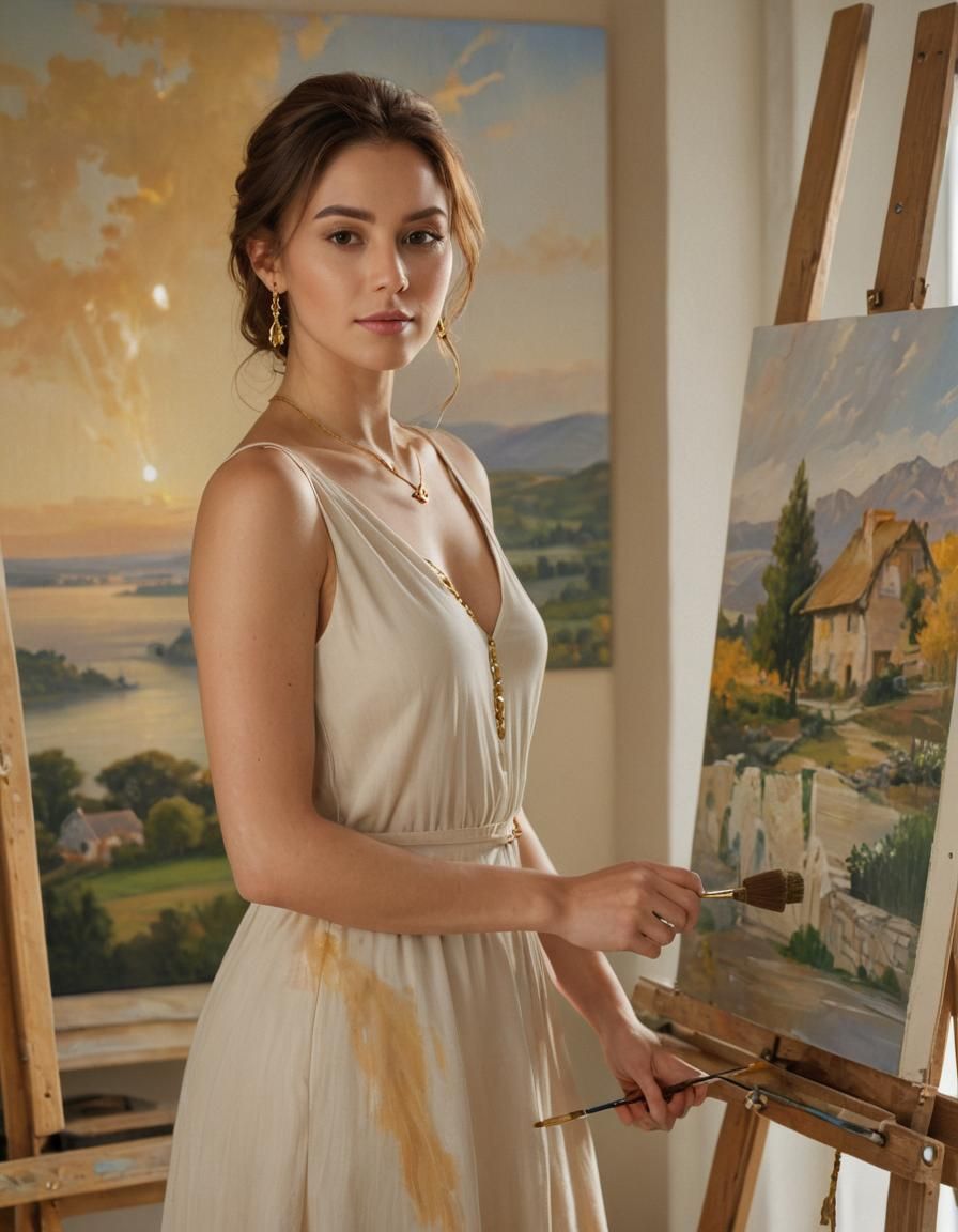 Photorealistic Portrait of Painter with Landscape Easel