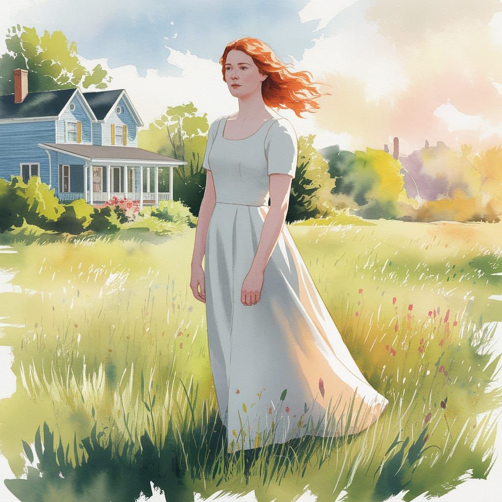 Anne Shirley in Watercolor Field Near Green Gables