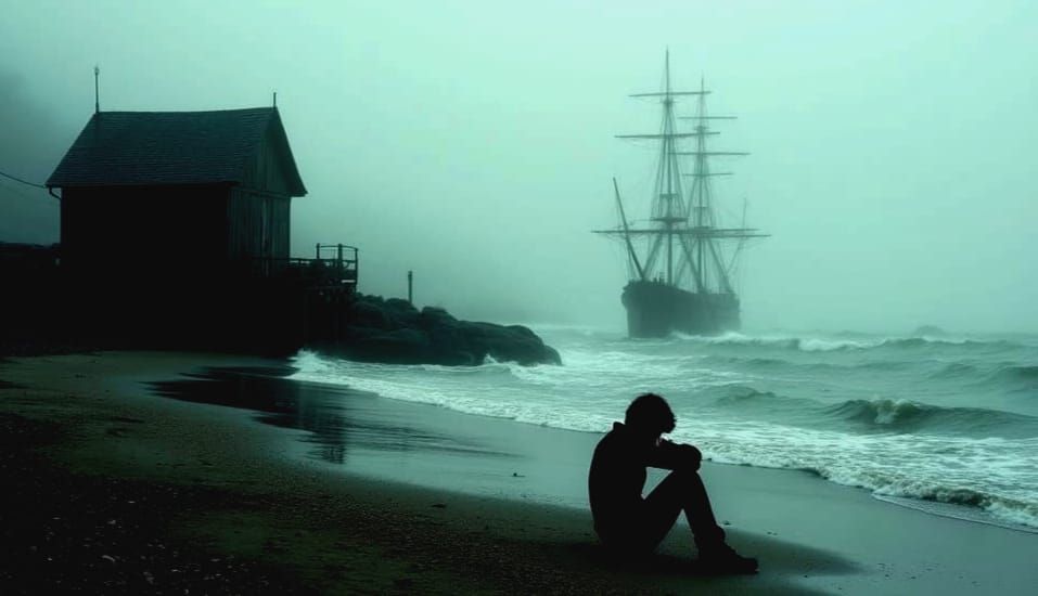 Lonely Sailor on Foggy Seaside Harbor