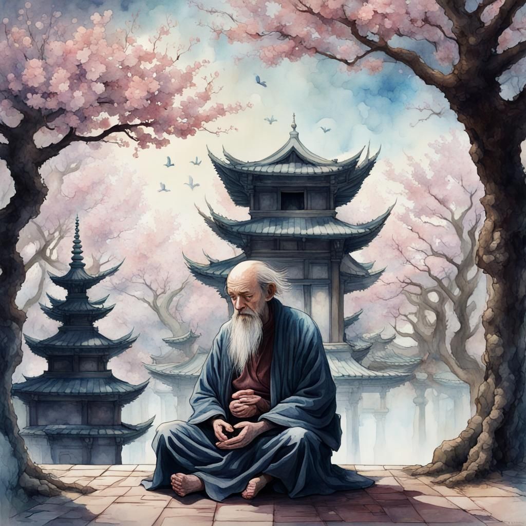 Pixelated Watercolor: Old Man Meditating Under Cherry Blosso...
