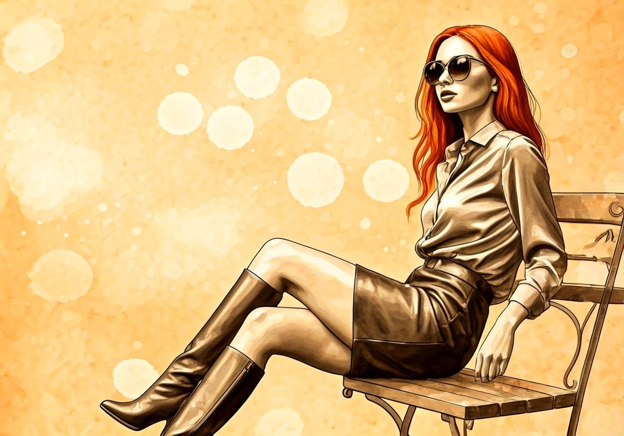 Elegant Woman at Cafe: Sumi-e Ink and Watercolor