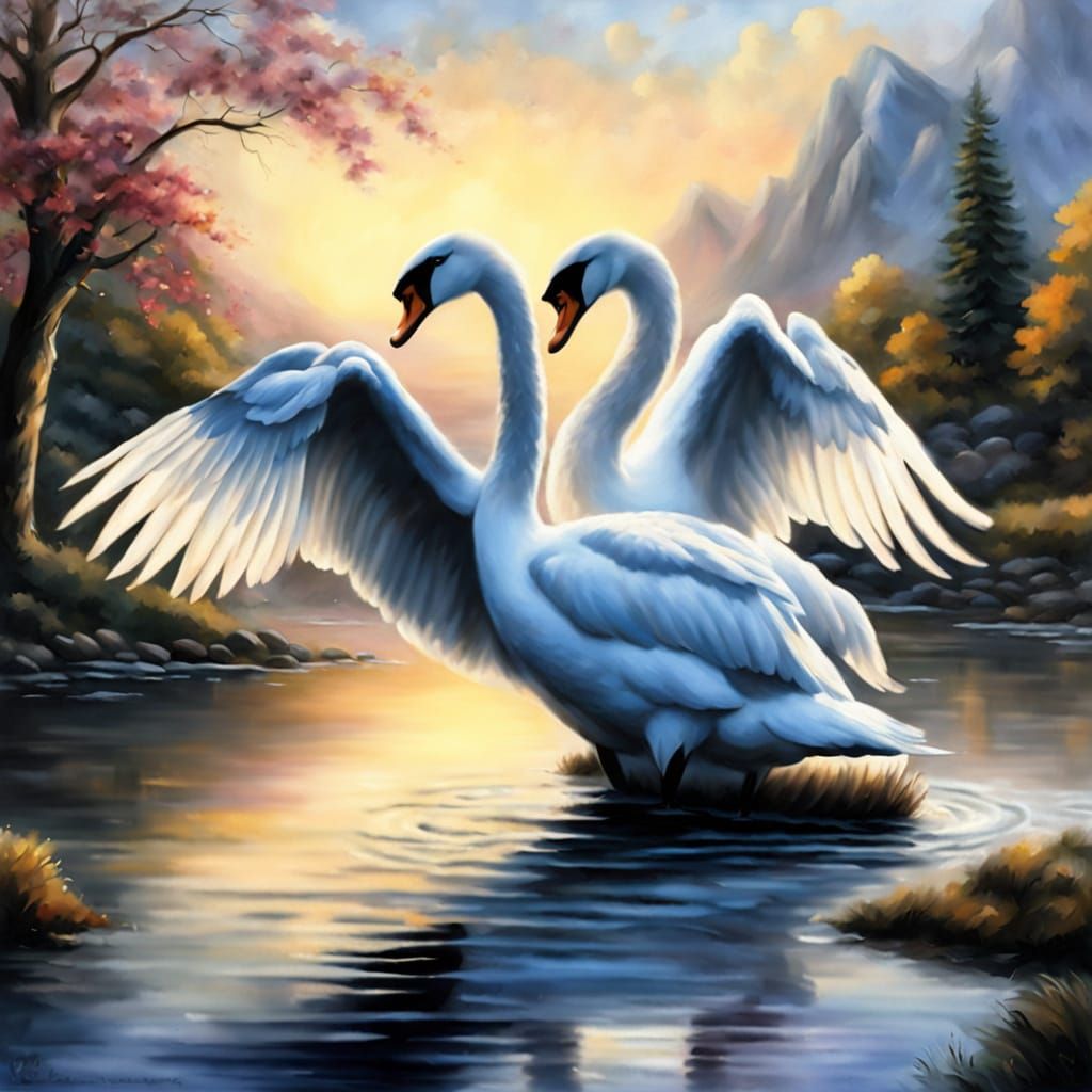 oil painting of two swans making a heart shape with their necks in the water, swans, ((spreading wings)), dreamy and rom...