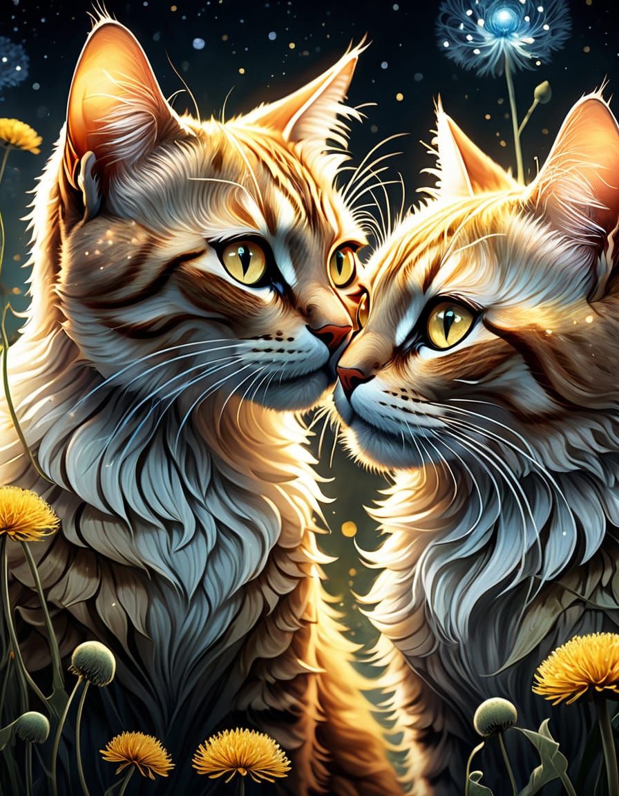 Two Cats Share Cosmic Secret Amidst Glowing Dandelions