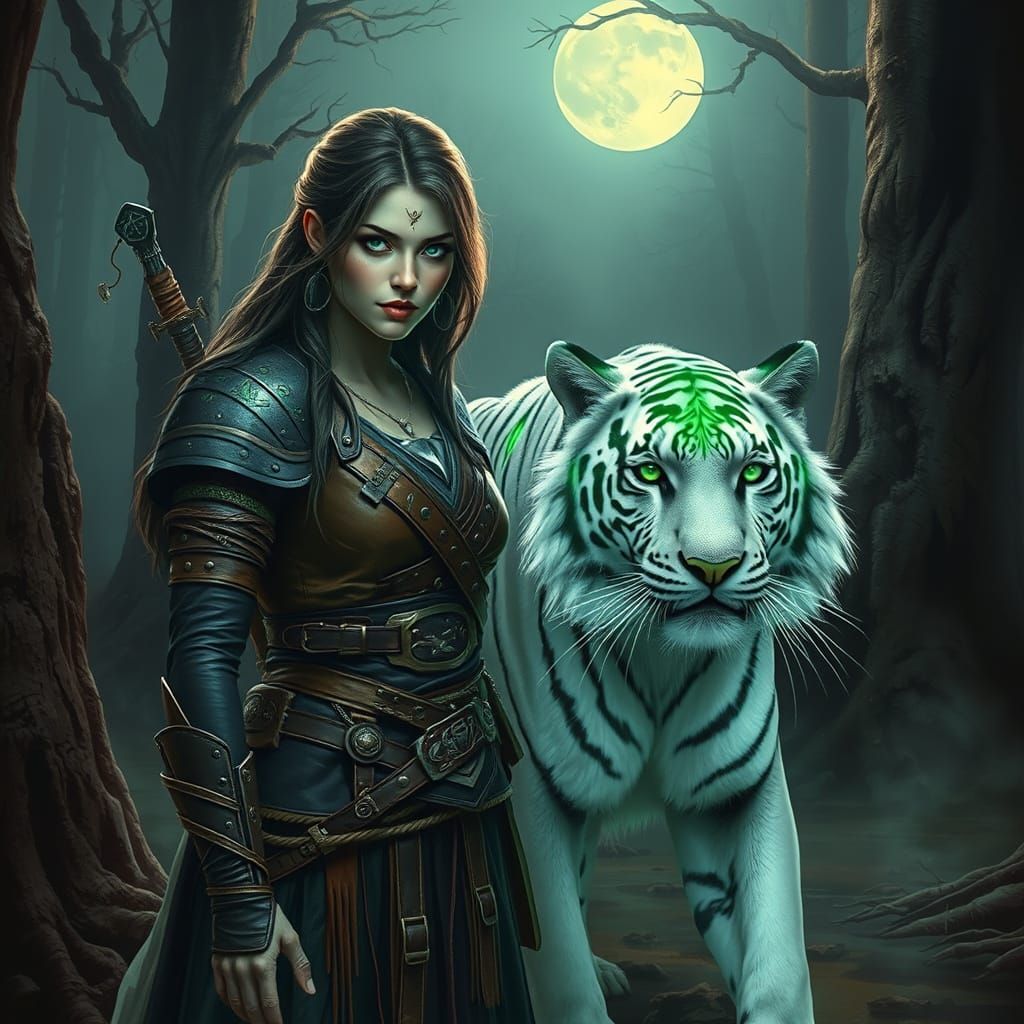 Warrior Queen and Runed Tiger in Mystic Forest