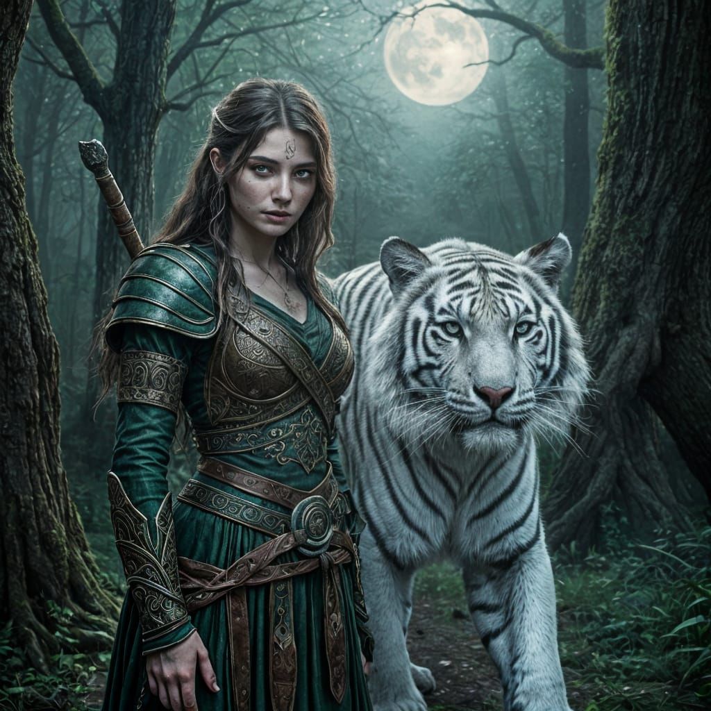 Mystical White Tiger and Warrior Queen in Forest