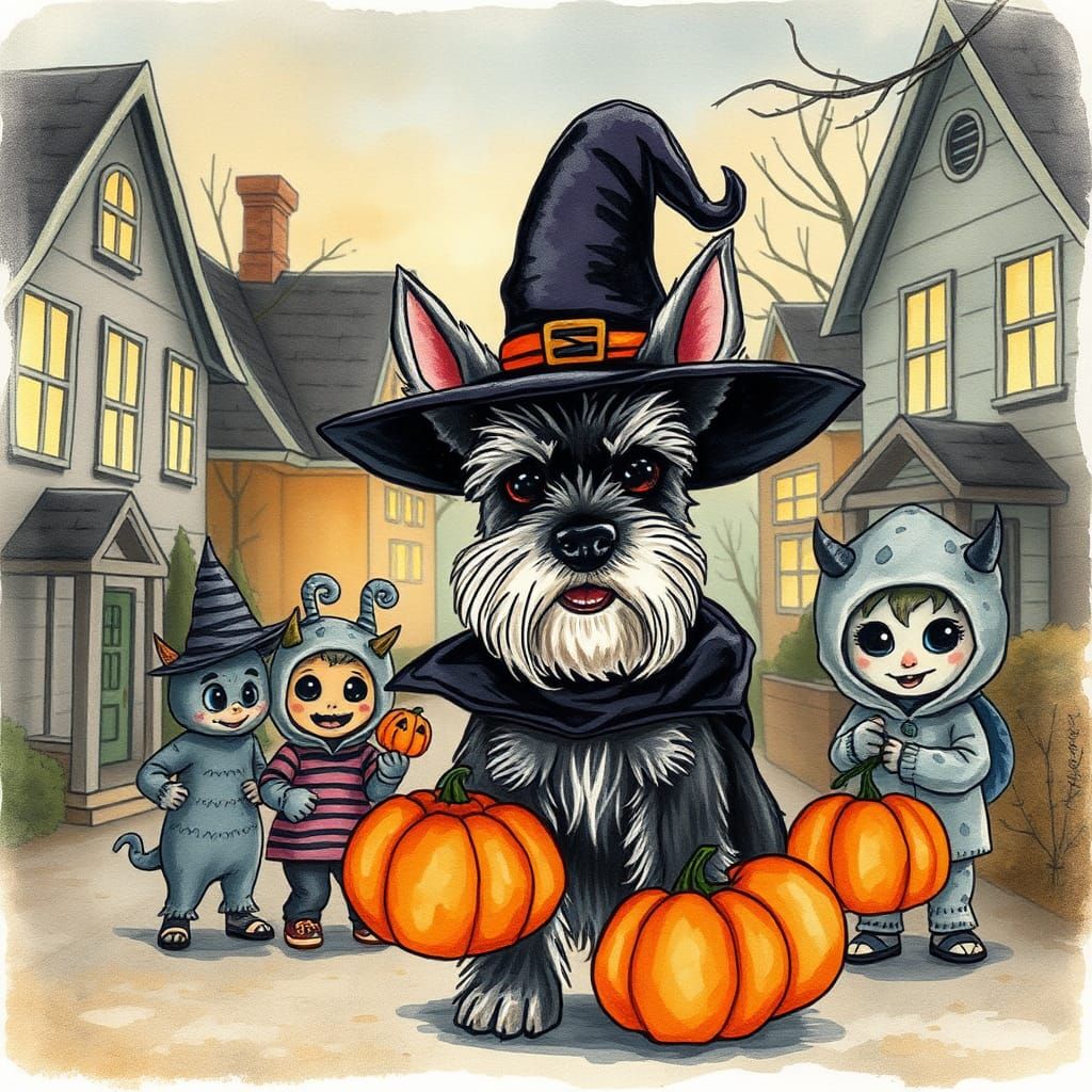 Halloween Schnauzer Puppy Trick-or-Treating in Watercolor