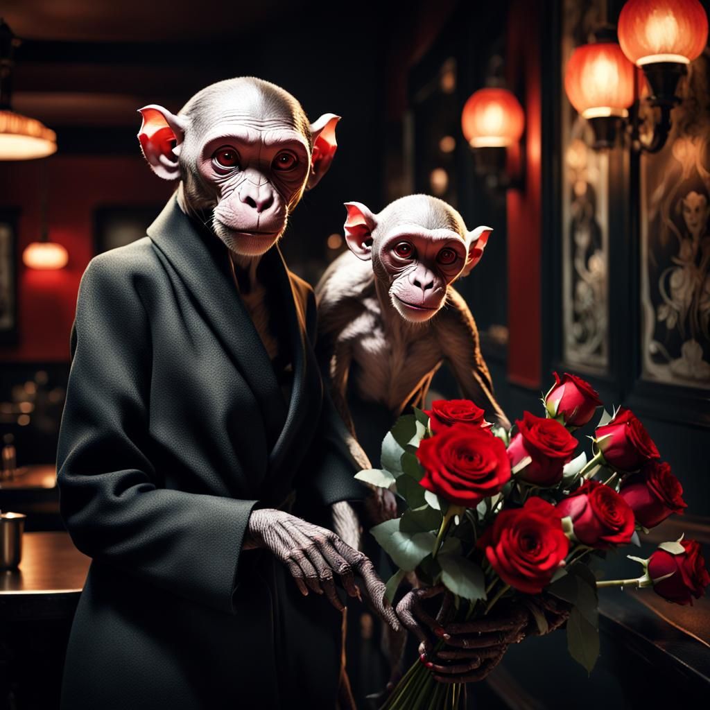 A hairless female monkey walking into a restaurant, as she i...