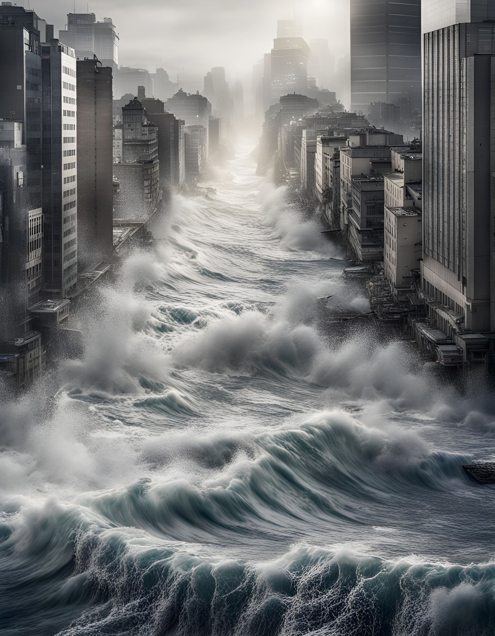 Raging Sea Overlapping Cityscape in Silver Type