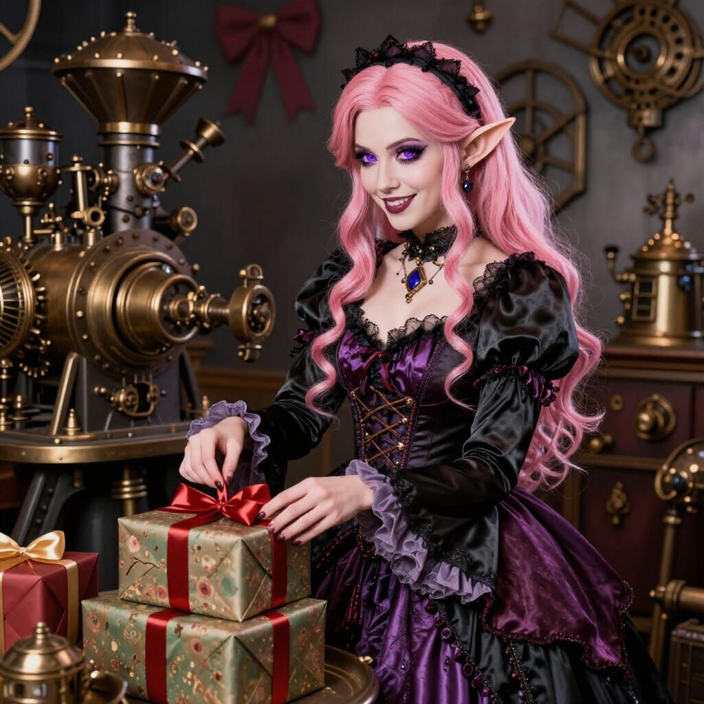 Dark Elf Wrapping Presents in Steampunk Style
