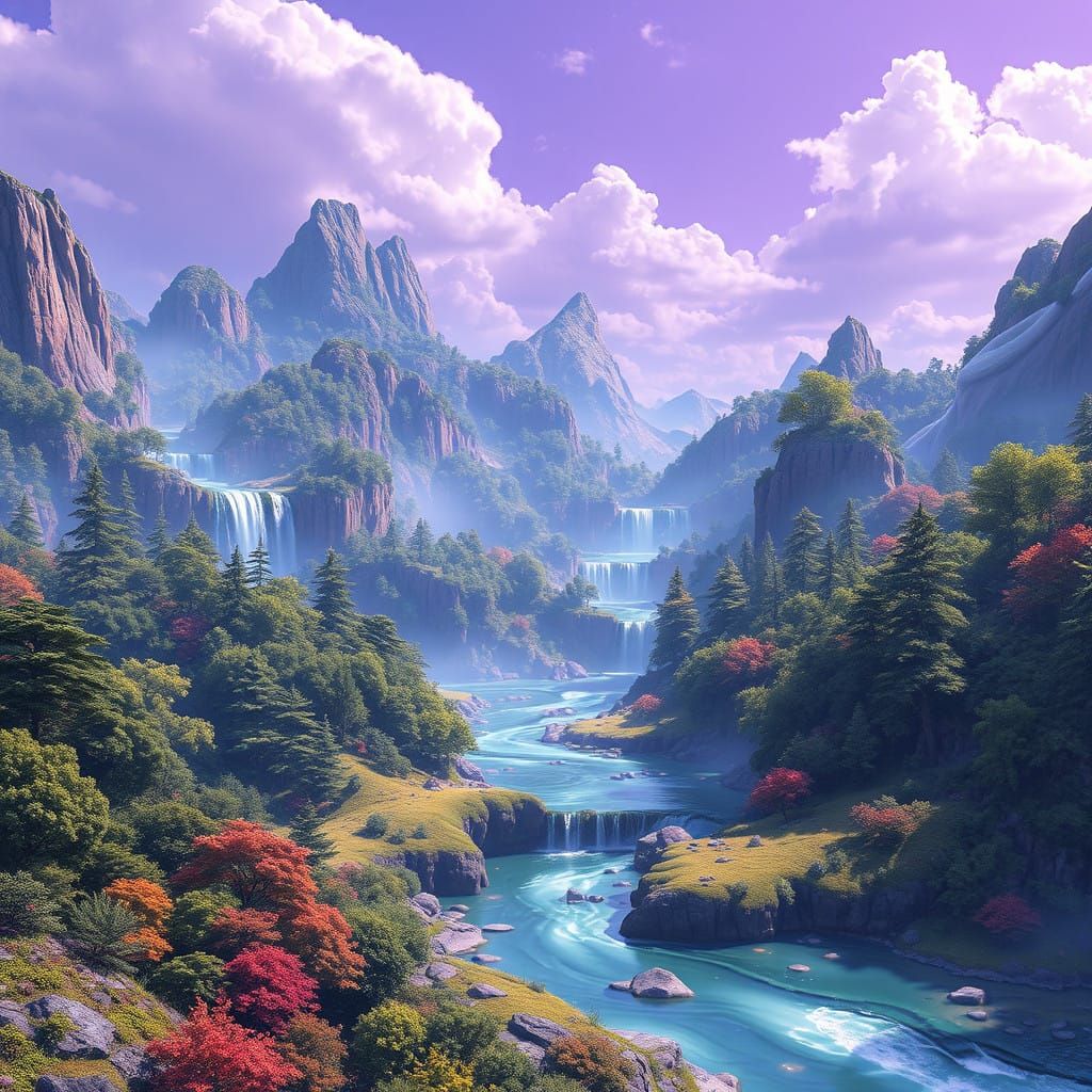 Ethereal Glass River Landscape Under Violet Skies