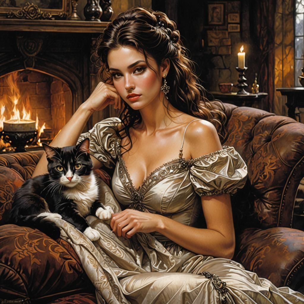Woman and Kitten by Firelight: Watercolor Illustration