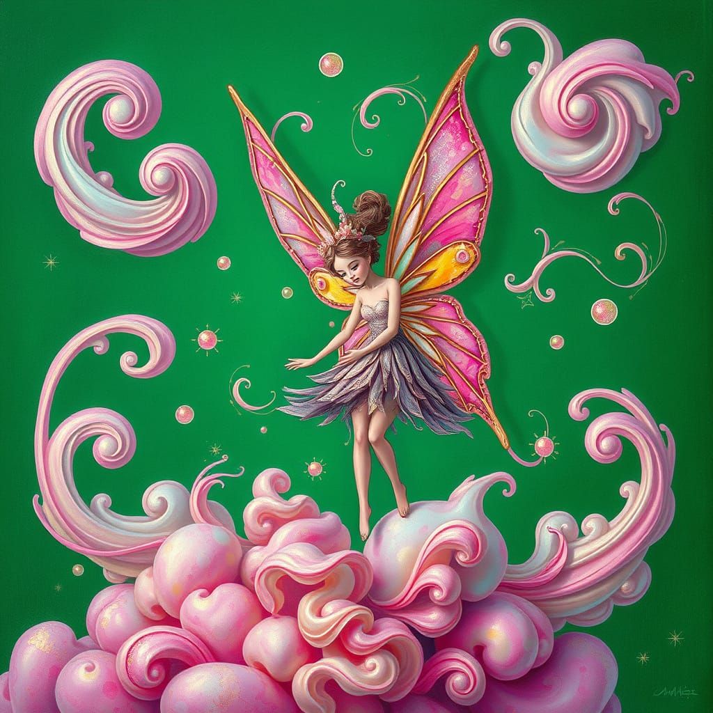 Whimsical Fairy in Iridescent Hues and Emerald Green